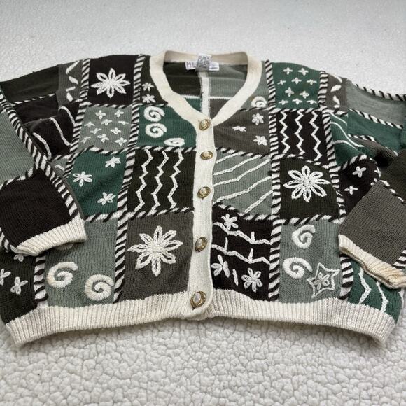 Vtg Knit Cardigan Sweater Sz M Green Check Cottage Grandma 90s Mixed Print - Picture 2 of 9